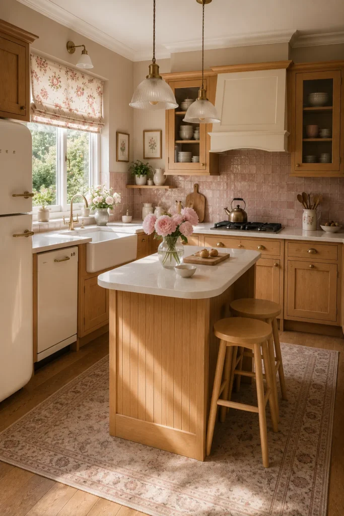 Cottage Style Honey Oak Kitchen with Blush Accents