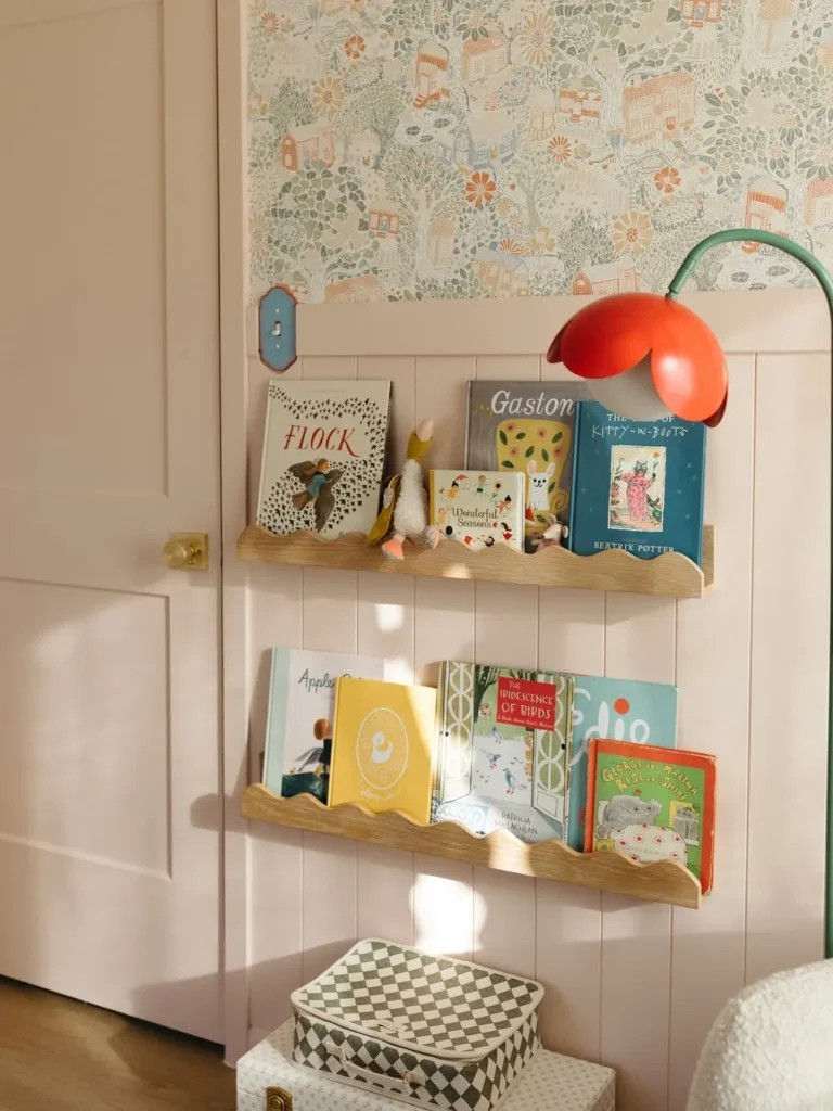 Cottage Style Nursery Bookshelf with Floral Wallpaper