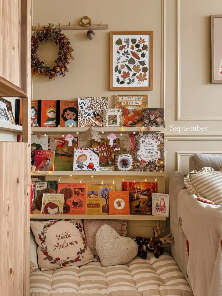 Cozy Autumn Nursery Bookshelf Reading Corner