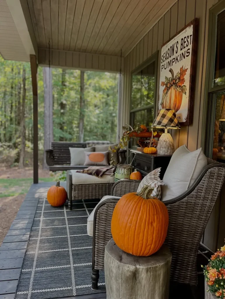 Cozy Fall Porch Decor With Pumpkins and Wicker Seating