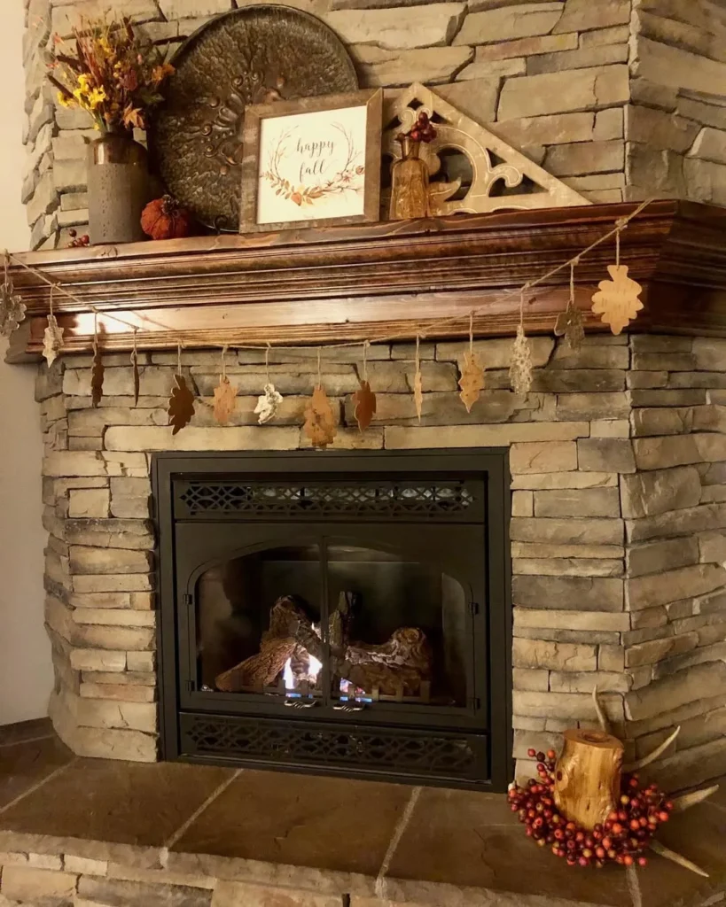 Cozy Stone Fireplace Mantel With Rustic Fall Touches