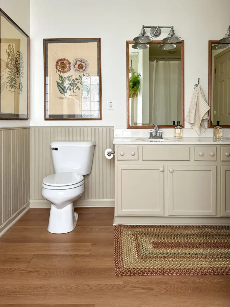 Cream Beadboard Wainscoting With Botanical Wall Art