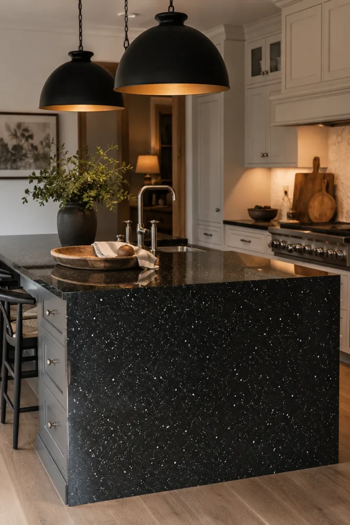 Cream Cabinets and Matte Black Granite Island