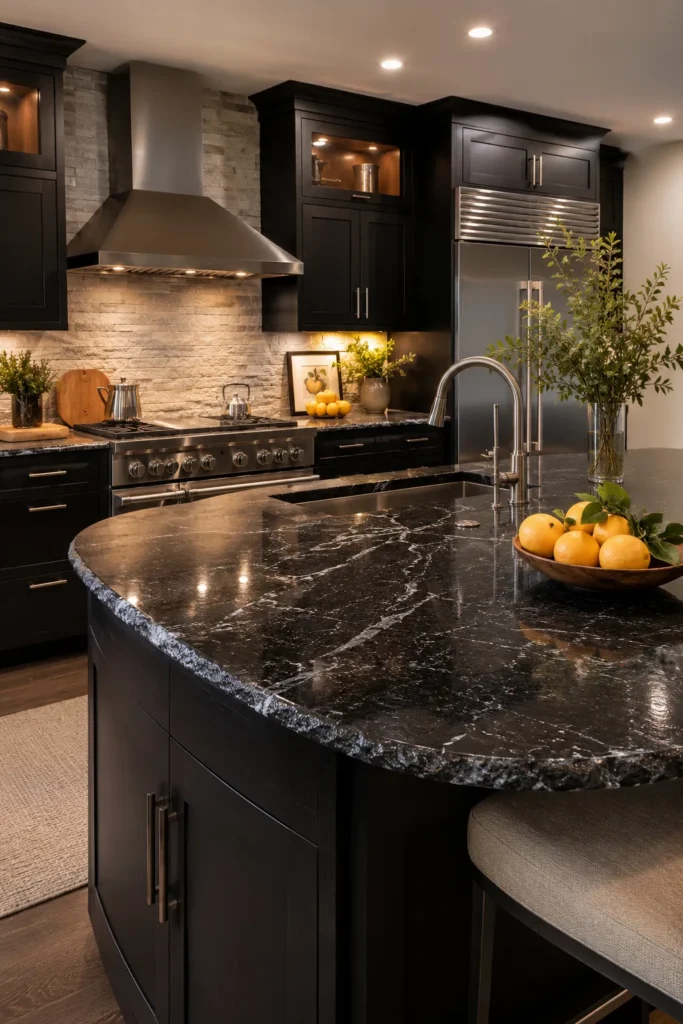 Curved Black Granite Island With Soft Seating