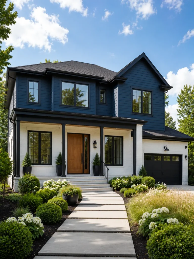 Dark Blue Exterior With White Brick Contrast