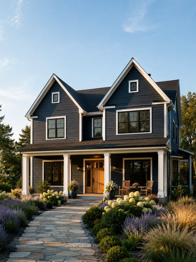 Dark Blue Farmhouse Exterior With Cozy Front Porch