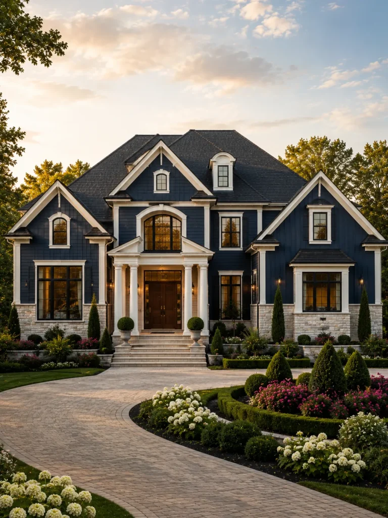 Dark Blue Luxury Home With Classic Stone Accents