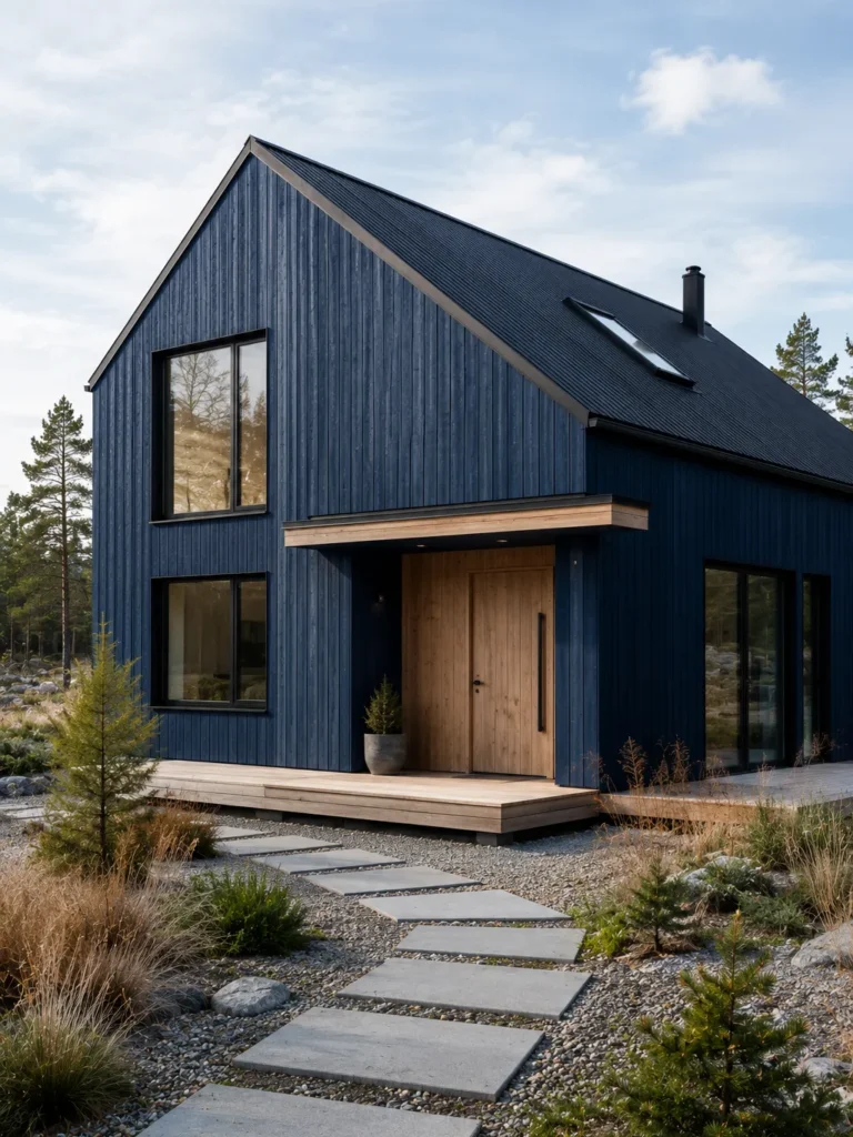 Dark Blue Nordic House With Natural Wood Details