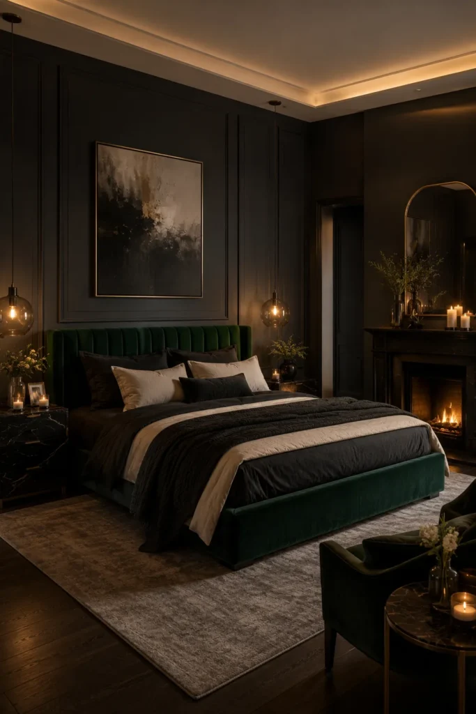 Dark Charcoal Bedroom With Emerald Velvet Touches