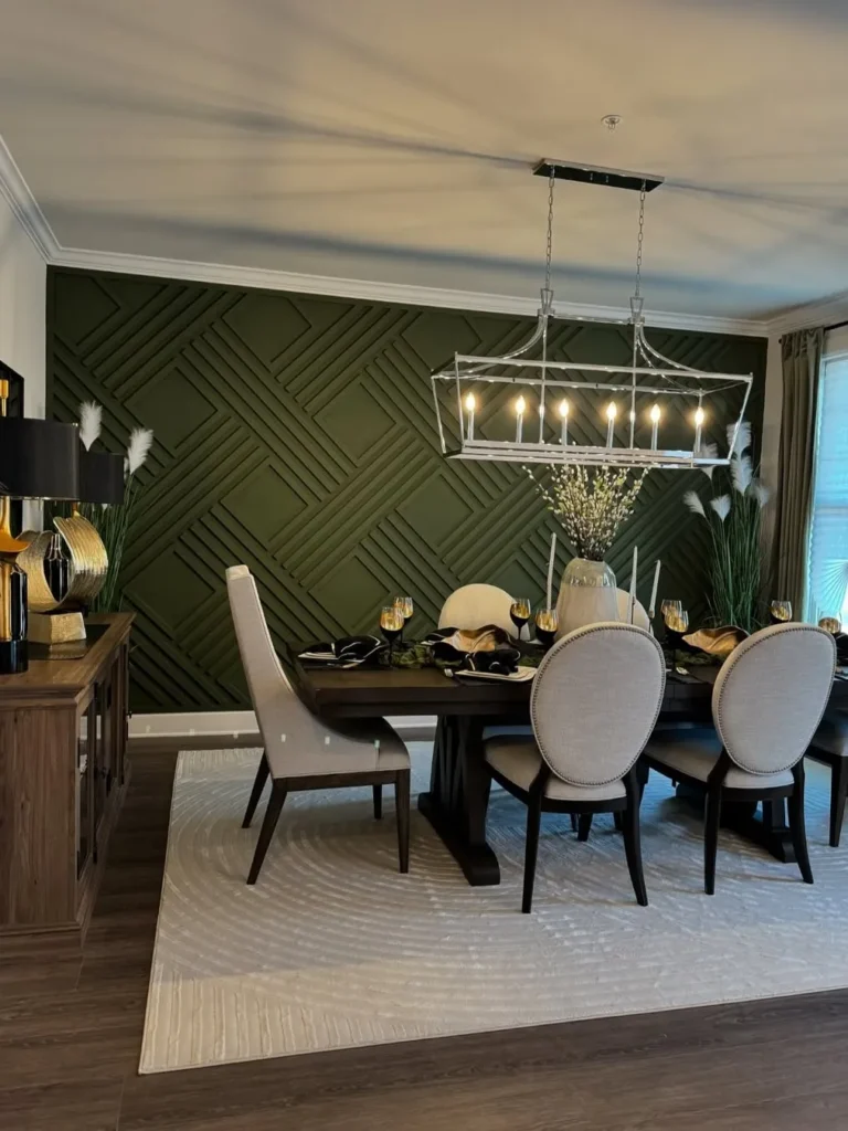 Dark Green Geometric Accent Wall Dining Room