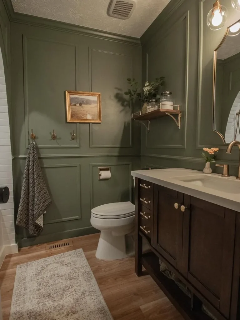 Dark Green Picture Frame Wainscoting With Wood Vanity