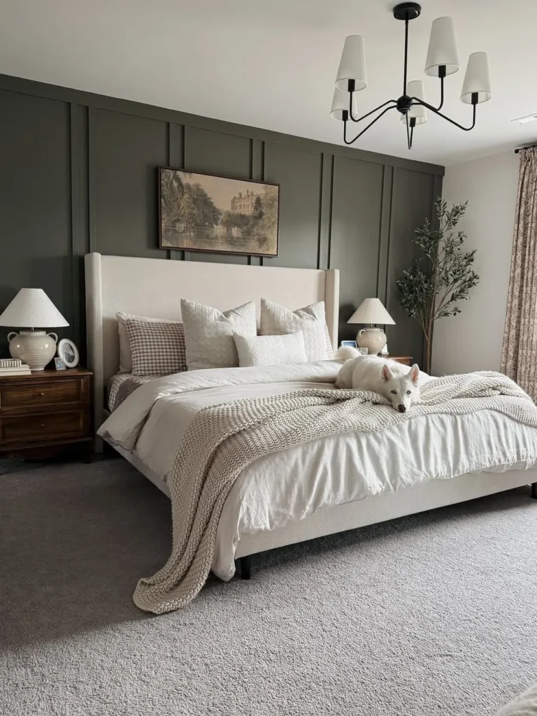 Dark Green Vertical Board Wainscoting Accent Wall