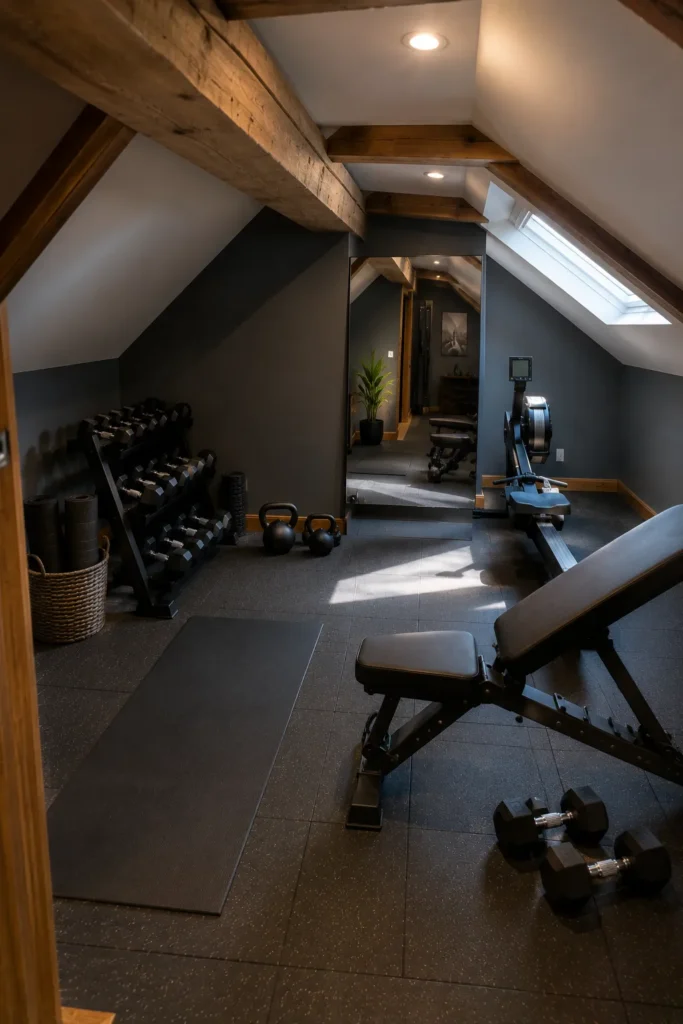 Deep Graphite Attic Gym with Rustic Wood Beams