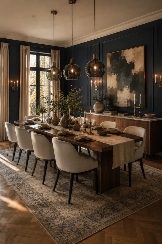 Deep Navy Walls With Timeless Dining Room Style