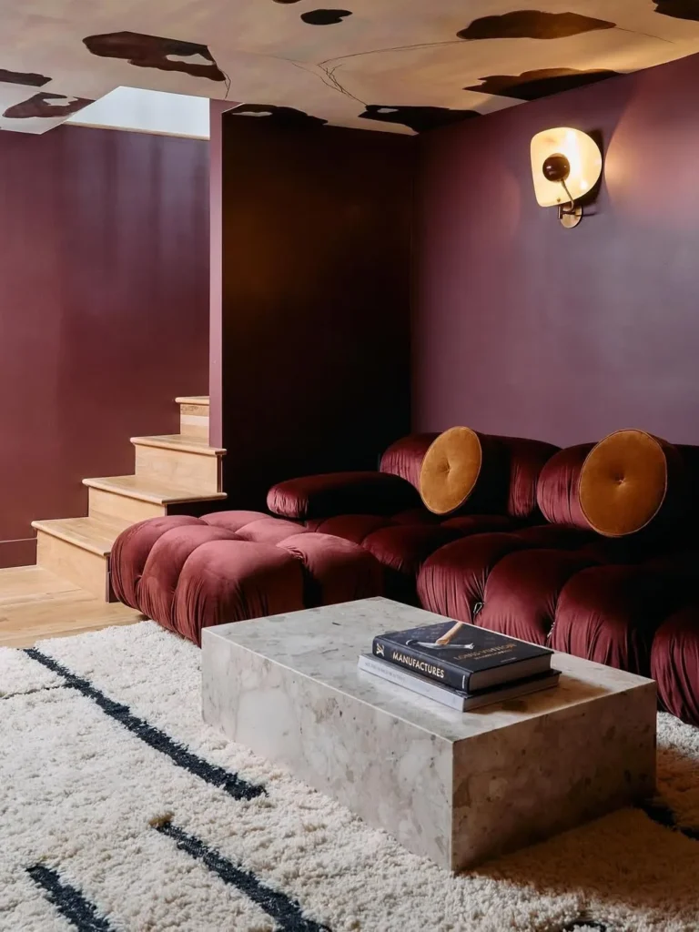 Deep Plum Basement with Dramatic Modern Decor
