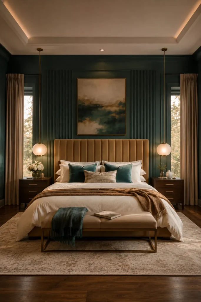 Deep Teal Bedroom With Warm Wood Accents