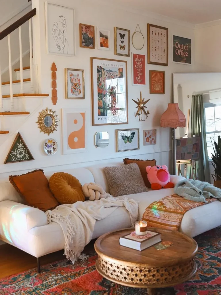 Eclectic Living Room Gallery Wall With Retro Art