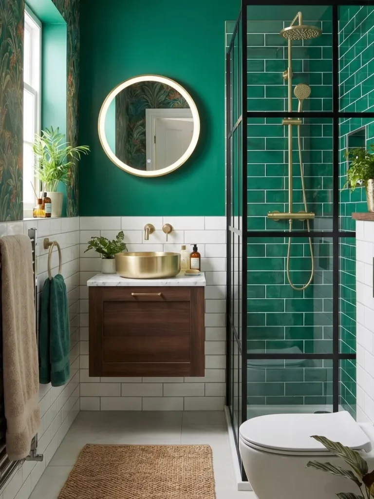 Emerald Green Bathroom Paint with Brass Accents