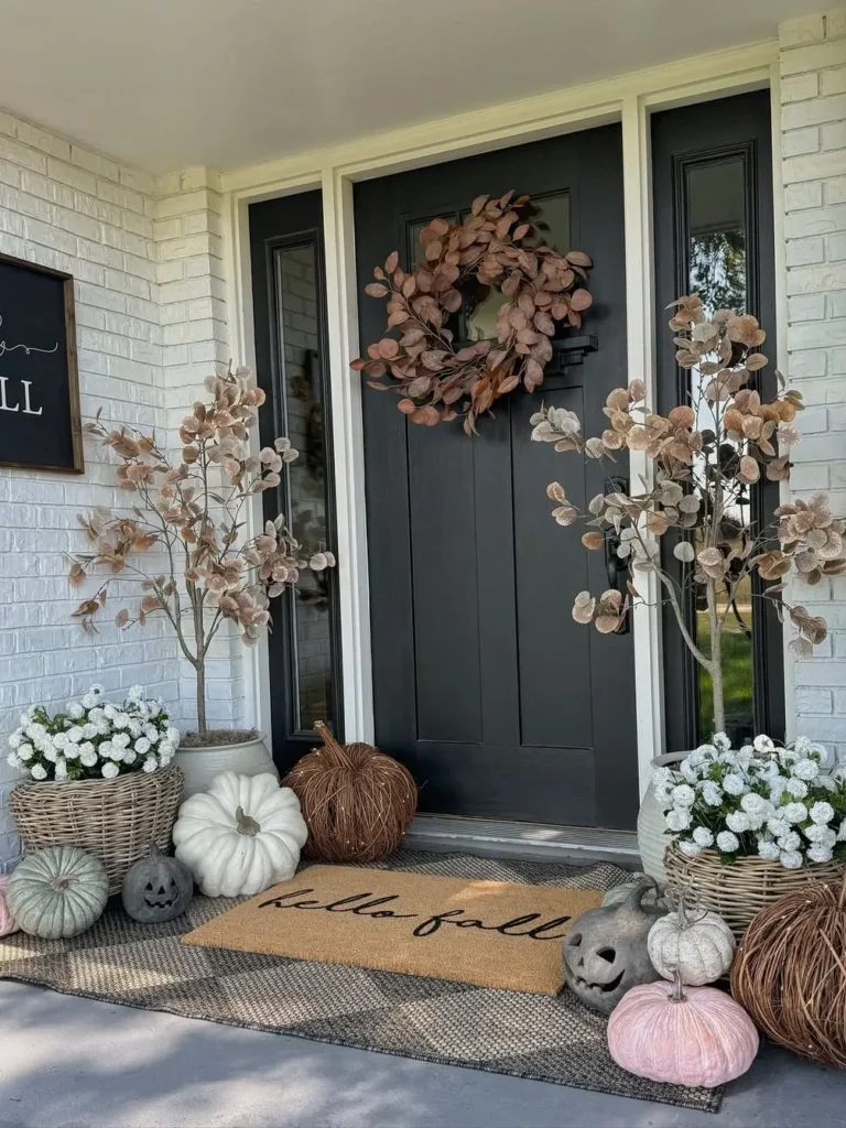 Fall Front Door Decor With Soft Pumpkin Tones