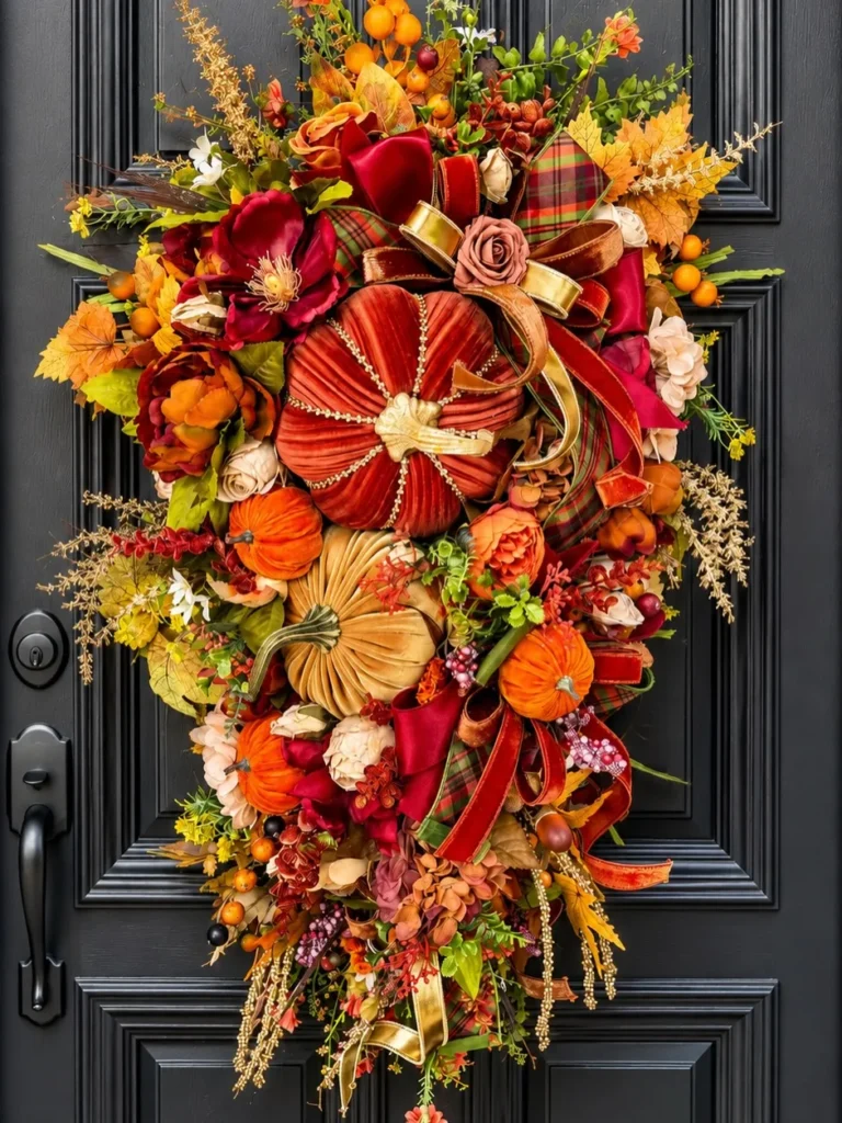 Fall Wreath With Velvet Pumpkins and Plaid Ribbon