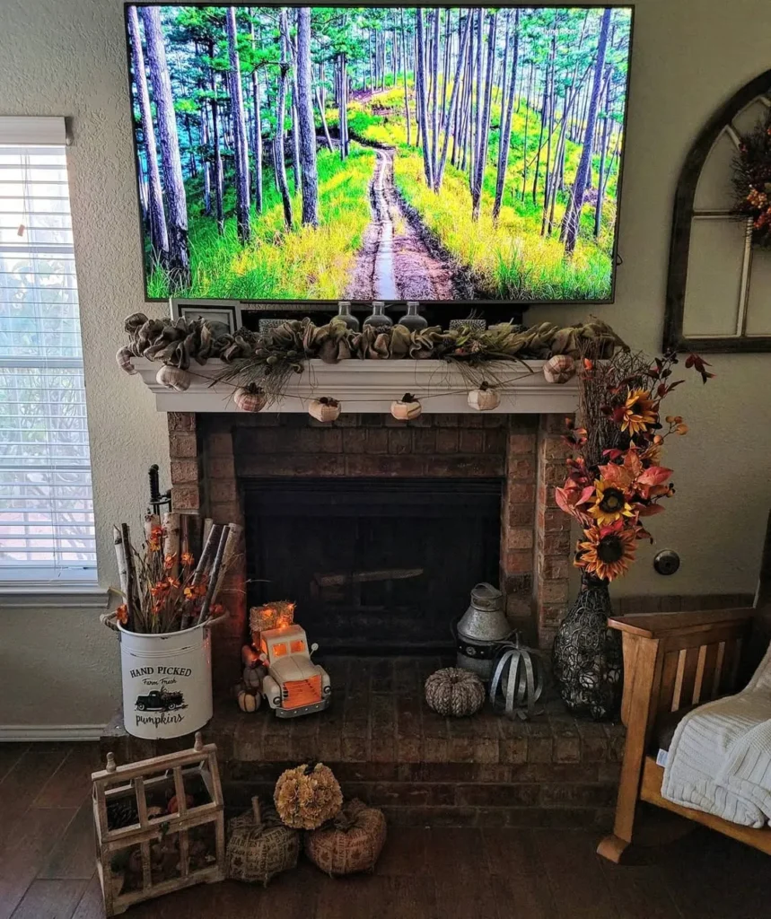 Farmhouse Fall Fireplace Decor With Sunflower Accents
