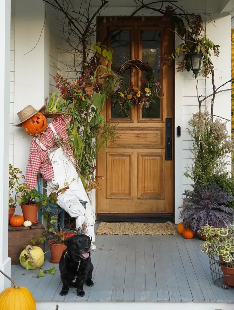 Farmhouse Fall Porch With Scarecrow Welcome
