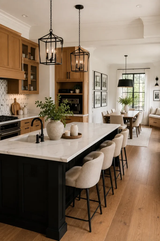 Farmhouse Honey Oak Kitchen with Black Island