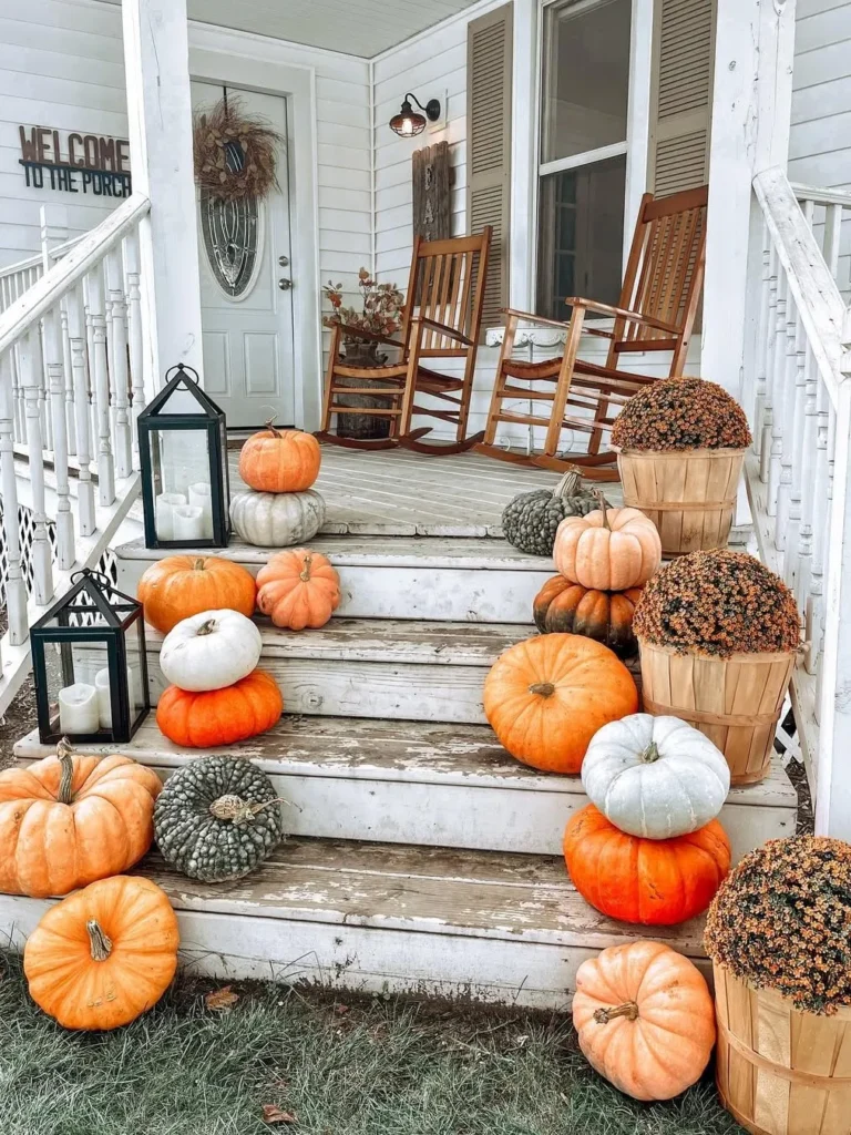 Farmhouse Porch Steps Dressed for Pumpkin Season