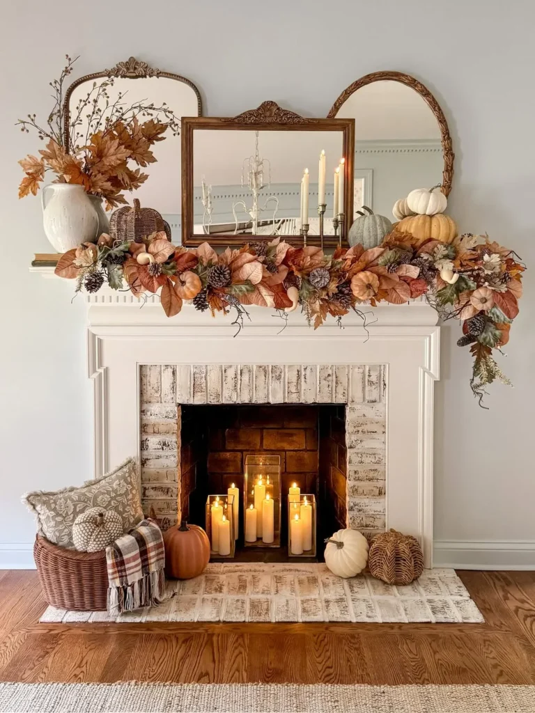 Fireplace Mantel With Fall Garland and Mirrors