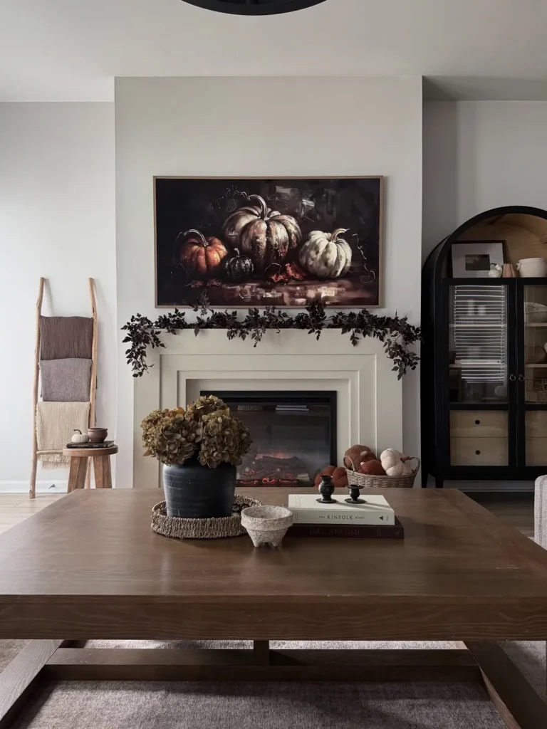 Fireplace Mantel With Pumpkin Artwork