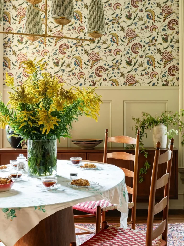 Floral Wallpaper With Traditional Wall Molding