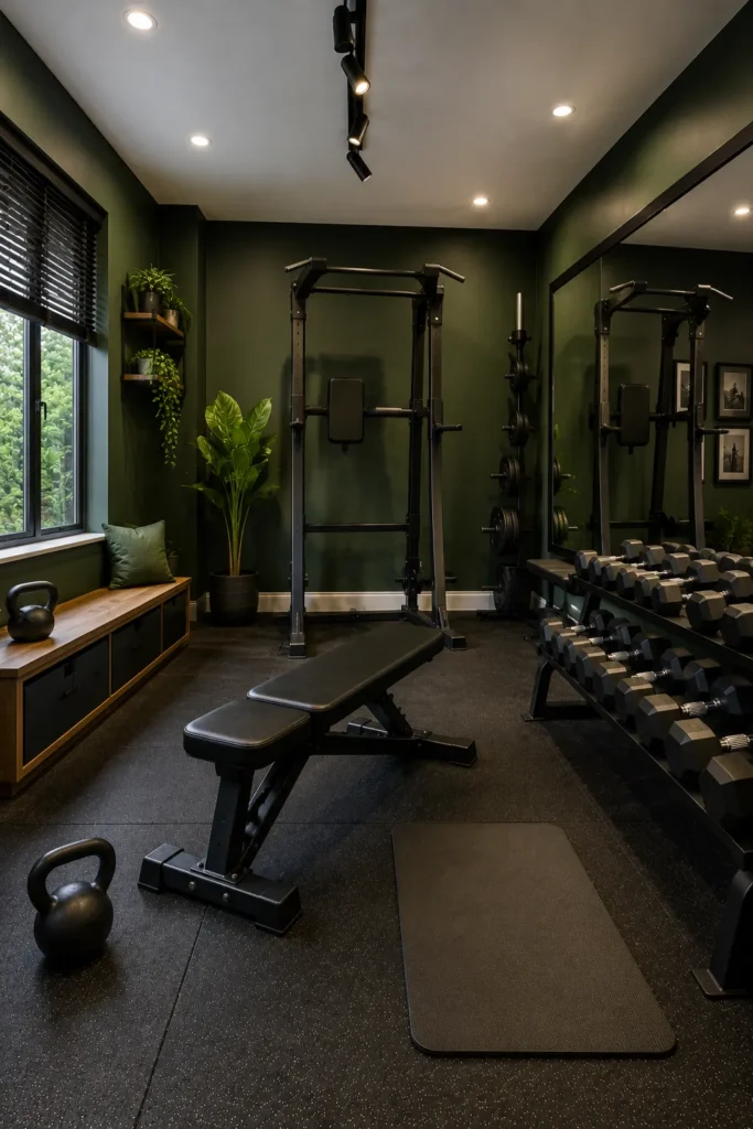Forest Green Fitness Studio with Modern Weight Training Setup