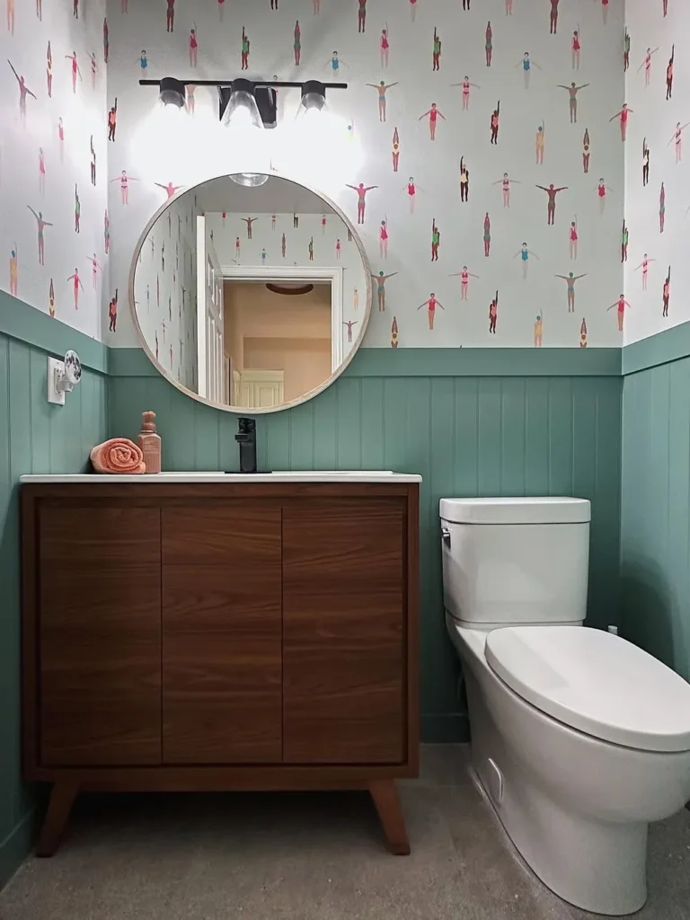 Green Beadboard Wainscoting With Patterned Wallpaper