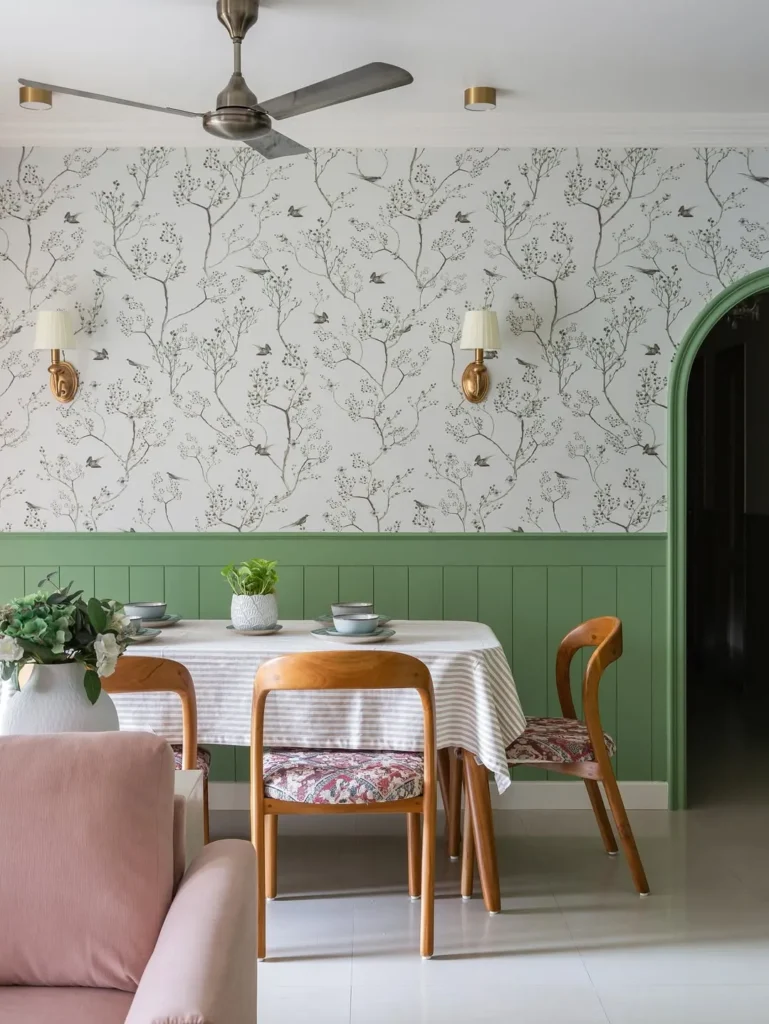 Green Wainscoting With Botanical Wallpaper