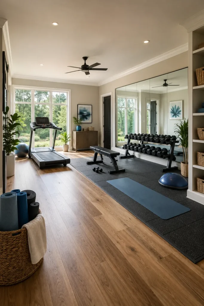 Greige Fitness Room with Floor-to-Ceiling Windows
