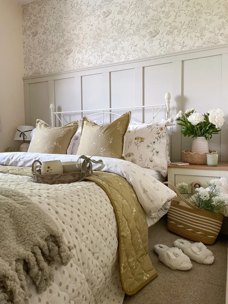 Grid Panel Wainscoting With Soft Floral Prints