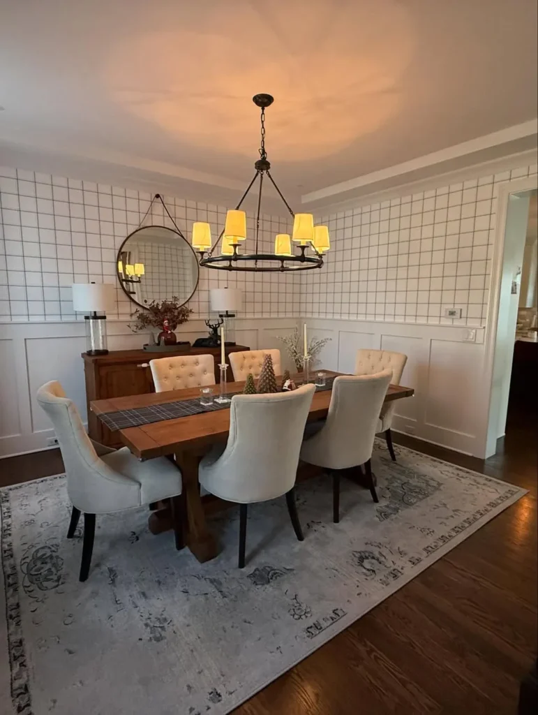 Grid Wallpaper Above Classic Dining Room Wainscoting