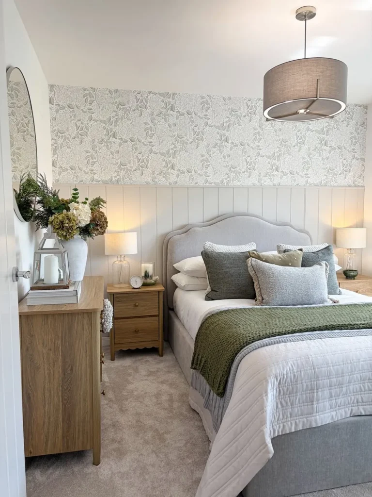 Half Wall Wainscoting With Botanical Wallpaper
