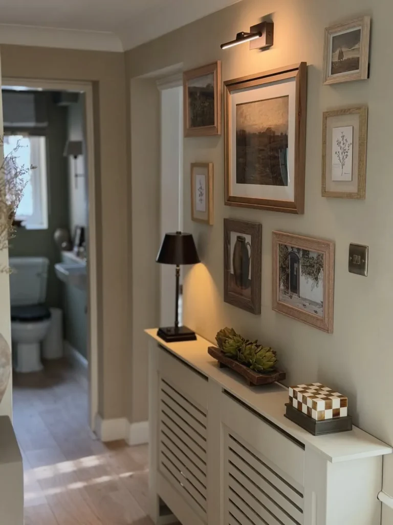 Hallway Photo Wall With Warm Wood Frames