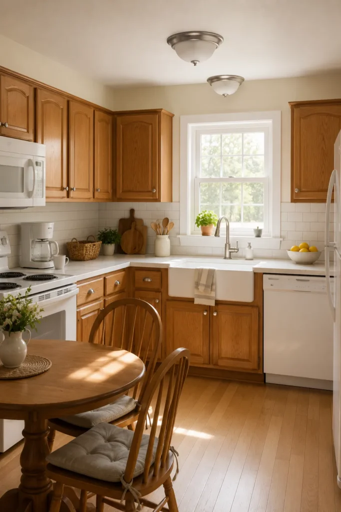 Honey Oak Kitchen Cabinets in a Cozy Breakfast Nook