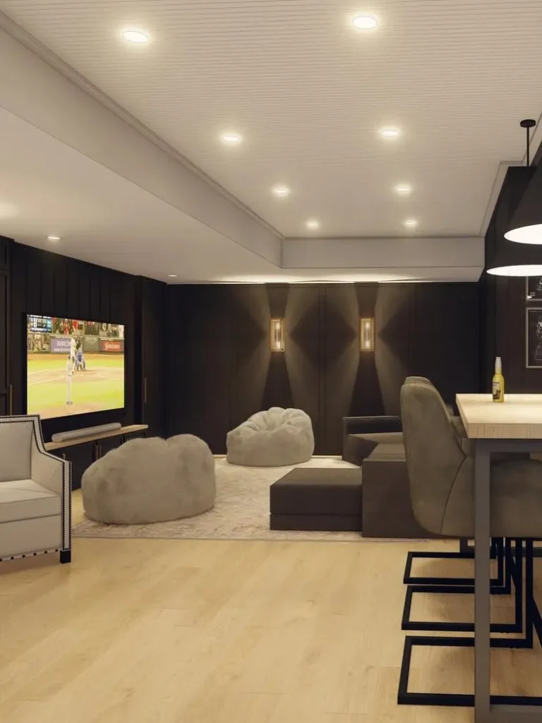 Matte Black Basement with a Stylish Media Room