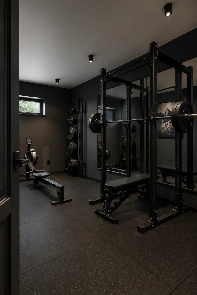 Matte Black Home Gym with Power Rack Setup