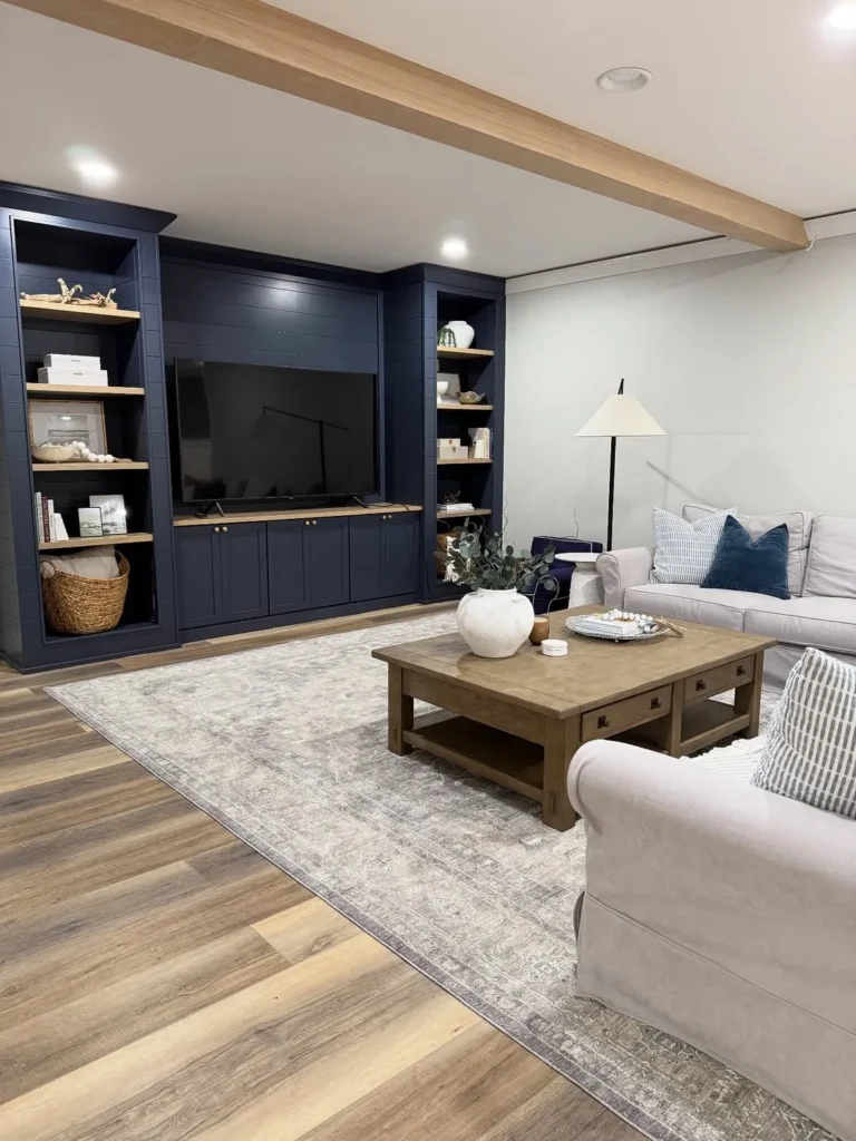 Midnight Blue Basement with Custom Built-In Shelving