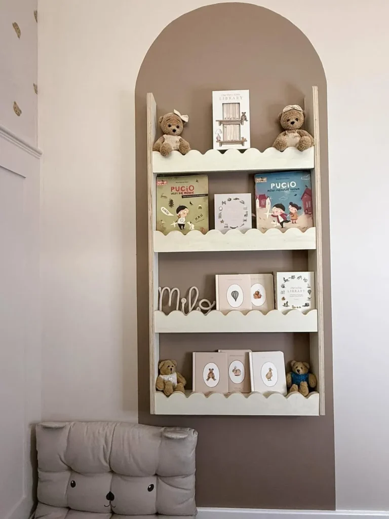 Minimal Taupe Arched Nursery Bookshelf Nook
