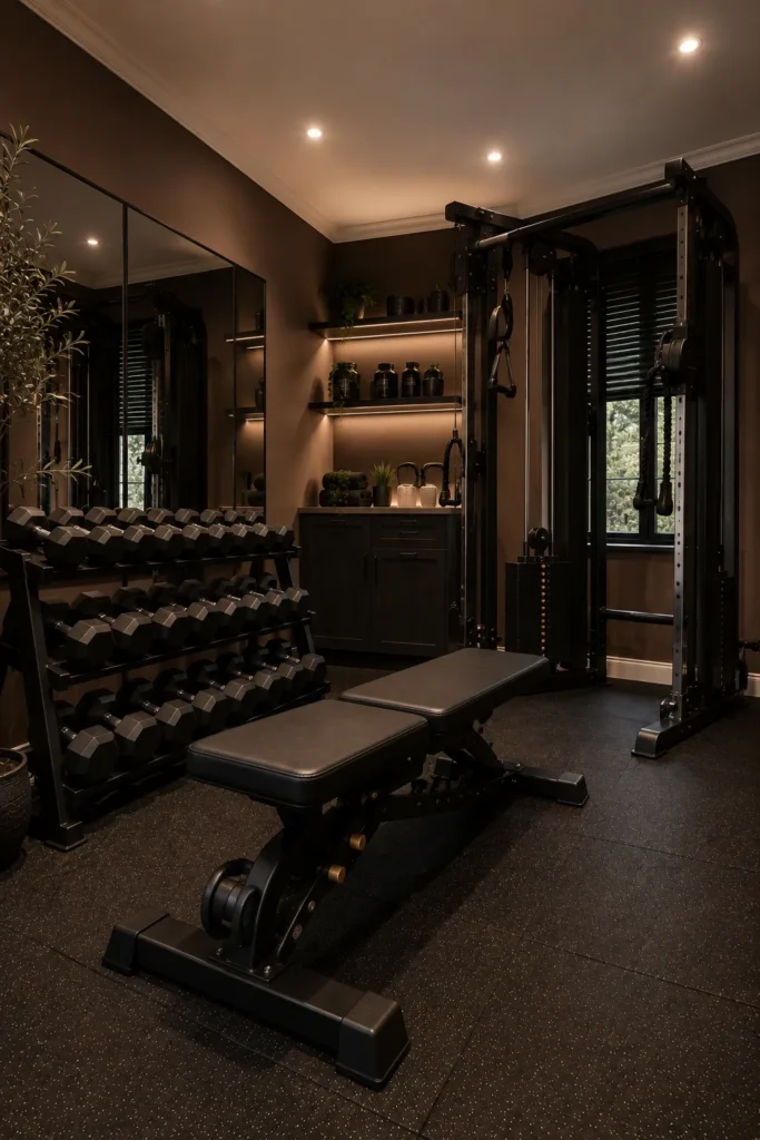 Mocha Brown Workout Room with Premium Strength Equipment