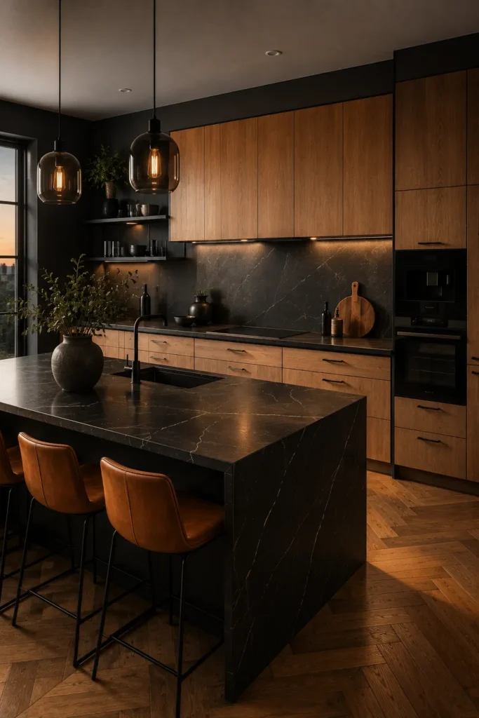 Modern Black and Honey Oak Kitchen Cabinet Contrast