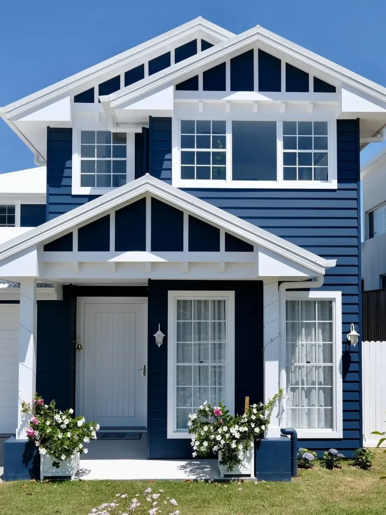 Modern Dark Blue House With Crisp White Details