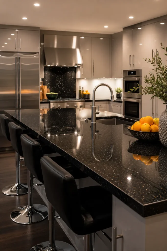 Modern Kitchen With Polished Black Granite Countertops