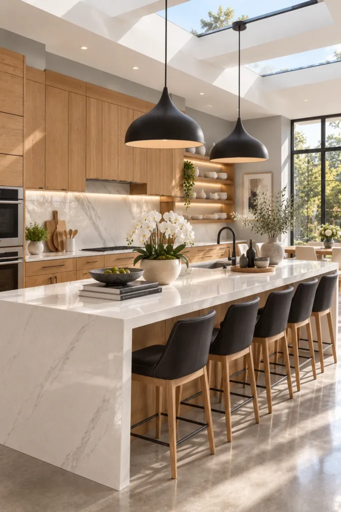 Modern Skylit Honey Oak Kitchen with Waterfall Island