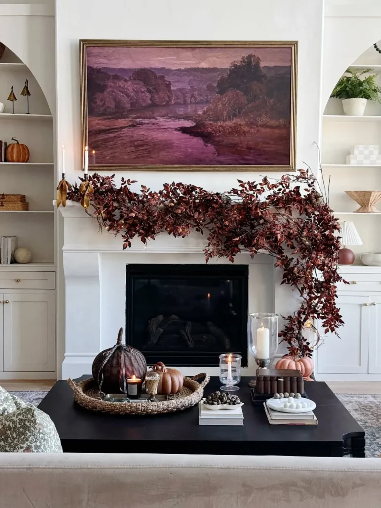 Moody Autumn Fireplace Mantel With Burgundy Garland